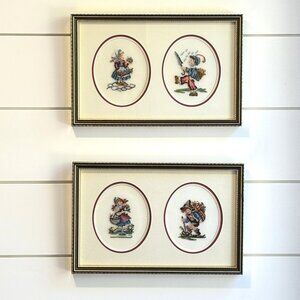 Pair of Framed Vintage Petit Point Art of Children in Folk Costumes Embroidery